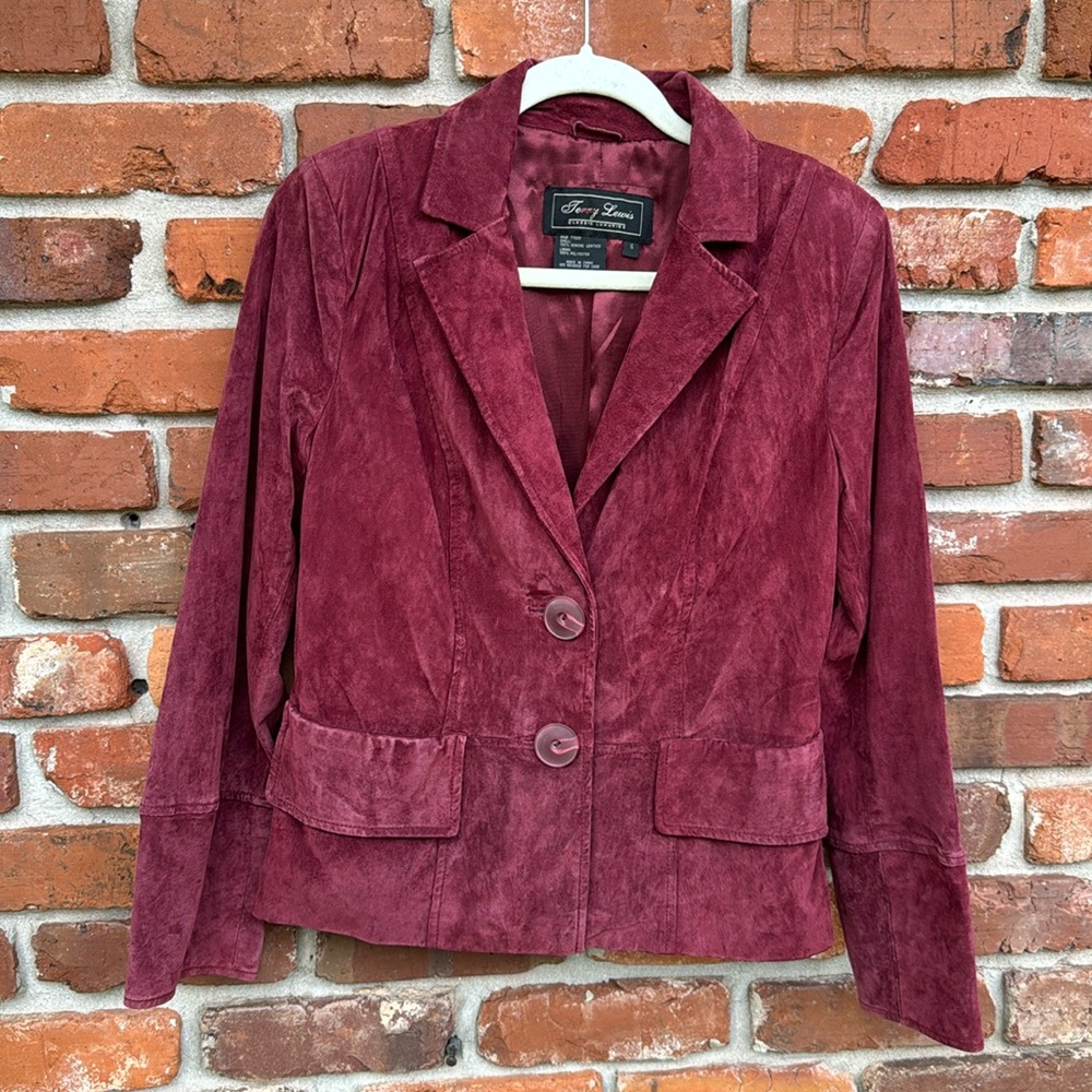 Terry Lewis Suede Wine Maroon Lined Pockets Button Up Vintage Genuine Jacket S